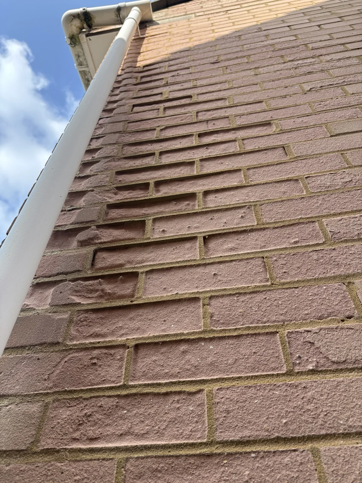 Spalled facing bricks beside a downpipe