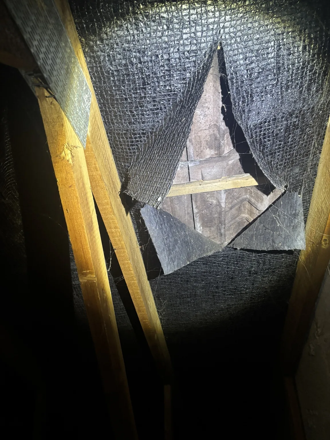 Large tear in the secondary roof lining of a 1970s property